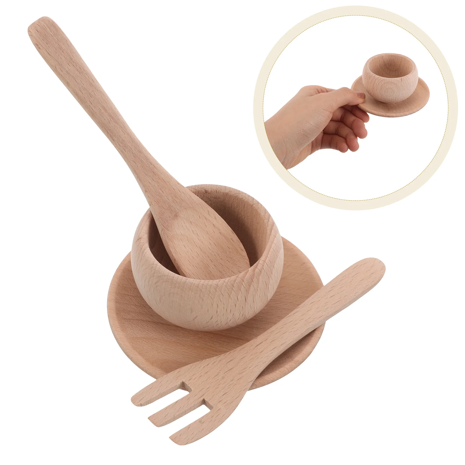 

1 Wooden Kids Playset Set Pretend Cookware Educational For Toddlers Realistic Design Child Friendly Size Bowl Fork Utensils