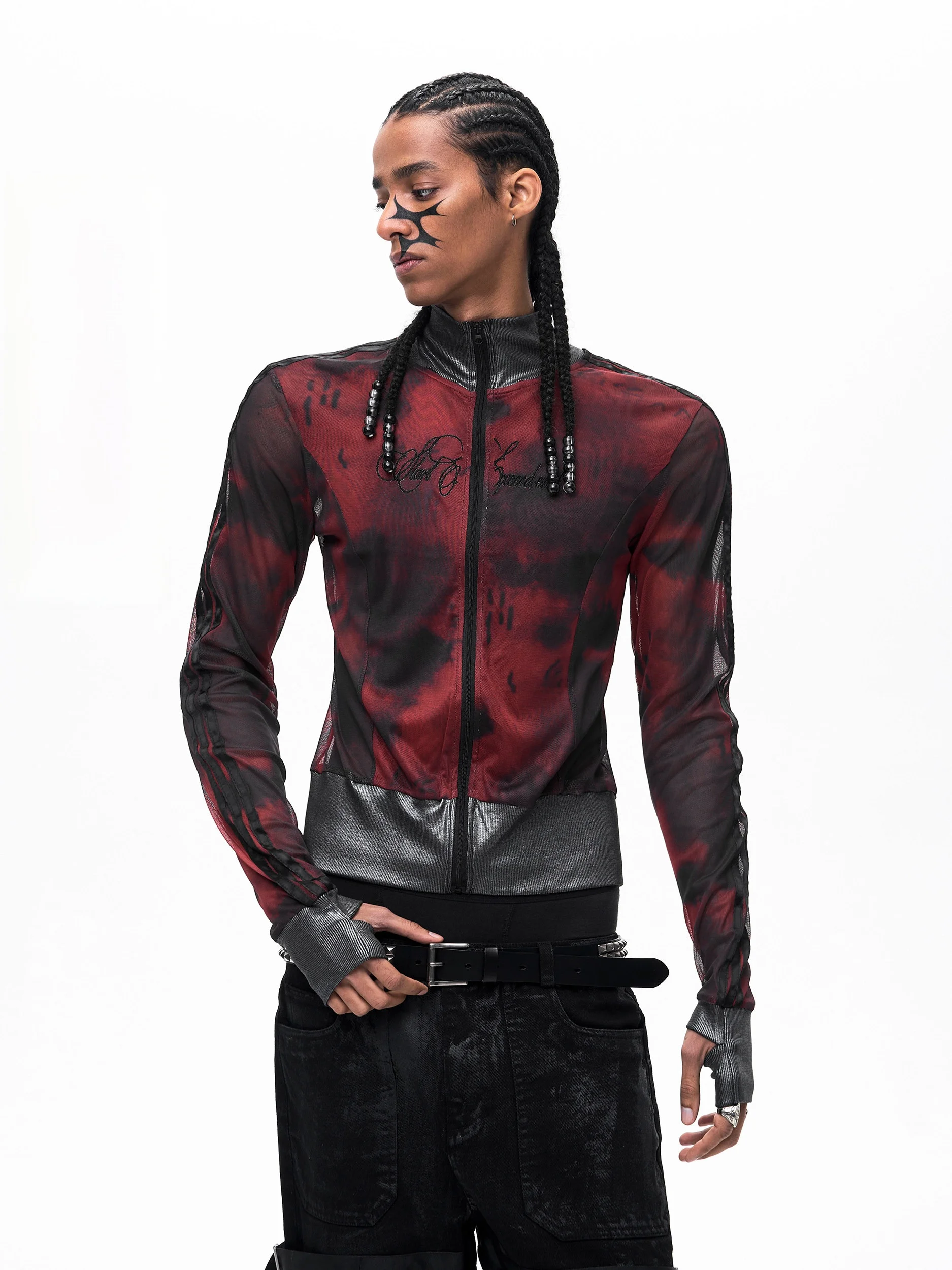 See Three Bars Mesh T-Shirt Men's Long Sleeve Slim Fit Stand Collar Base Shirt Visual Style Dark Theme Spring Summer Fashion