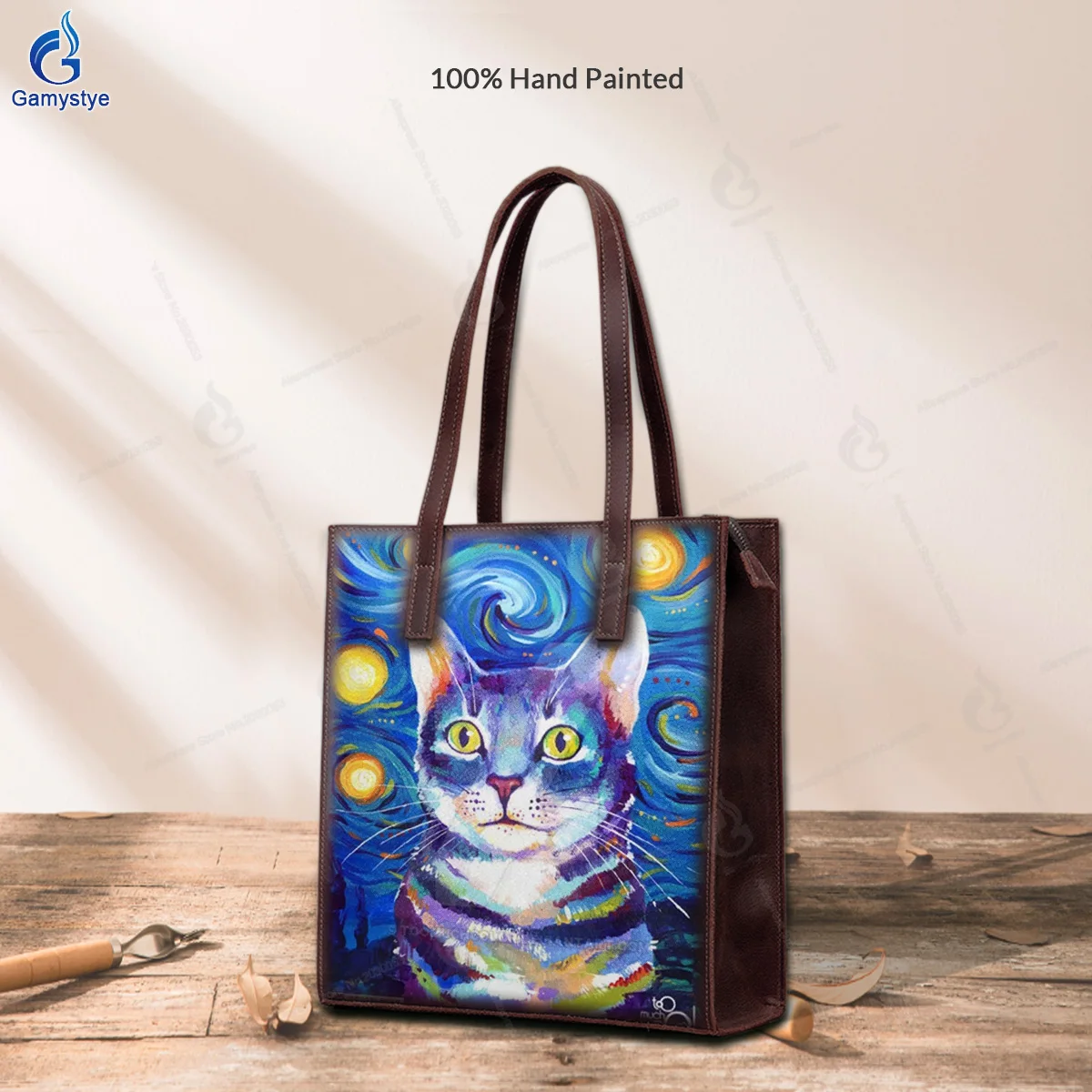 Art Hand-Painting Colorful kittens Customize Tote Ladies Tote Handbag Messenger Shoulder Bag For women 100% Real Cowhide Leather