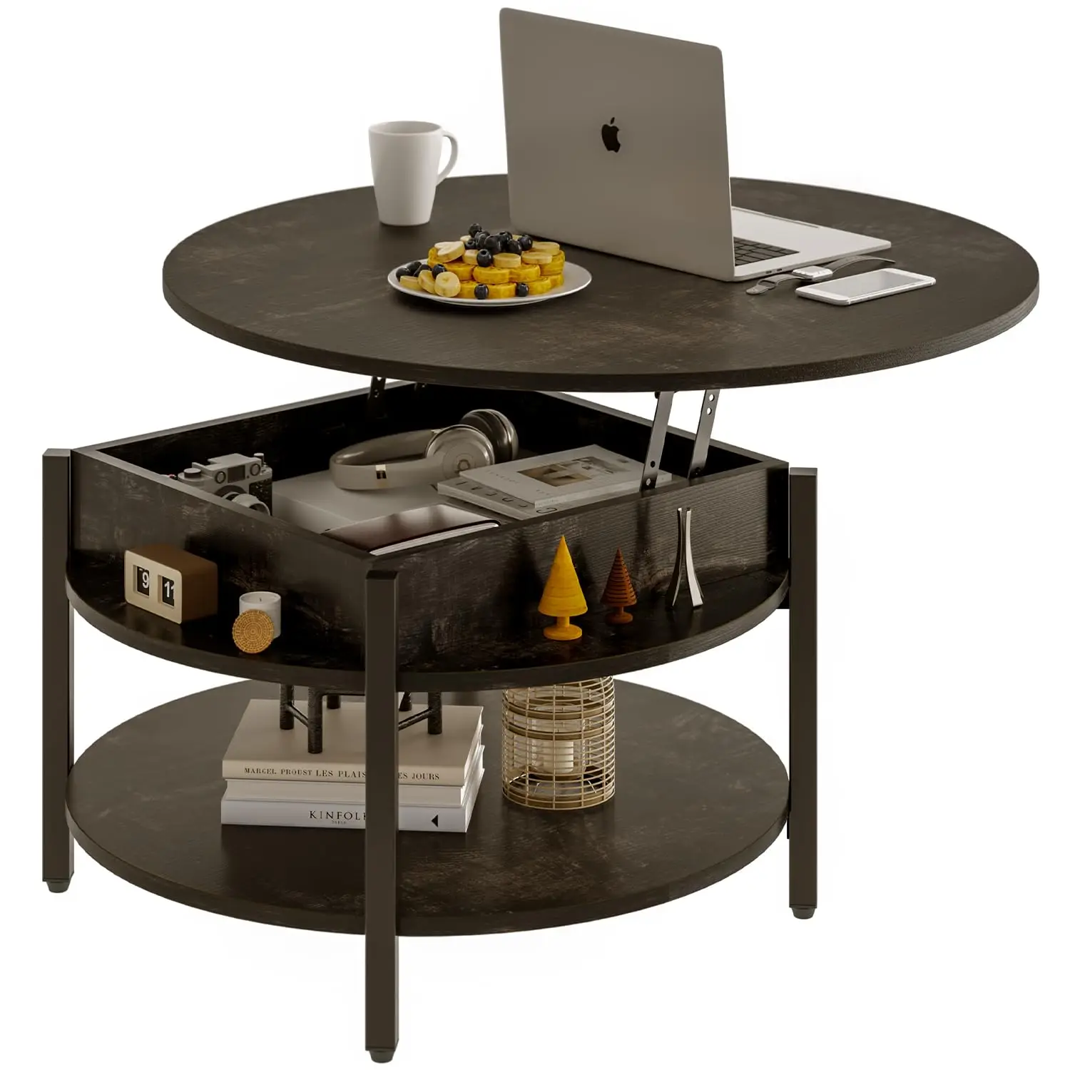 

Round Lift Top Coffee Table With Storage And Hidden Compartment, 26.77'' Farmhouse Coffee Table For Living Room Rec