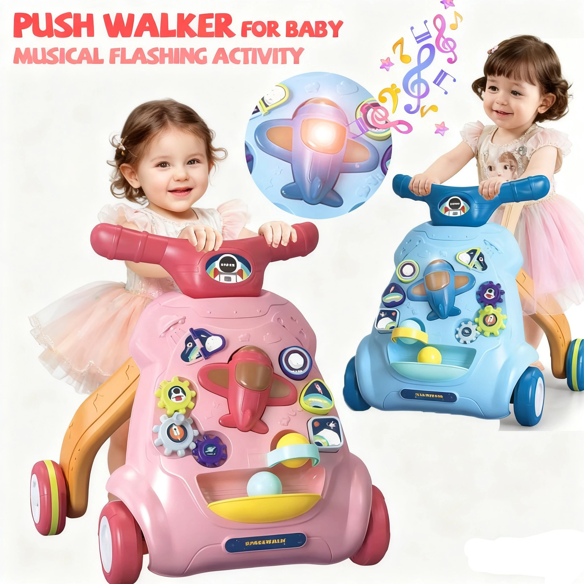 Trotteur à traînée pour bébé avec roue, jouet clignotant Musical Kawaii, marche à pousser pour tout-petits, activités multifonctions, jouet pour bébé de 0 à 12 mois