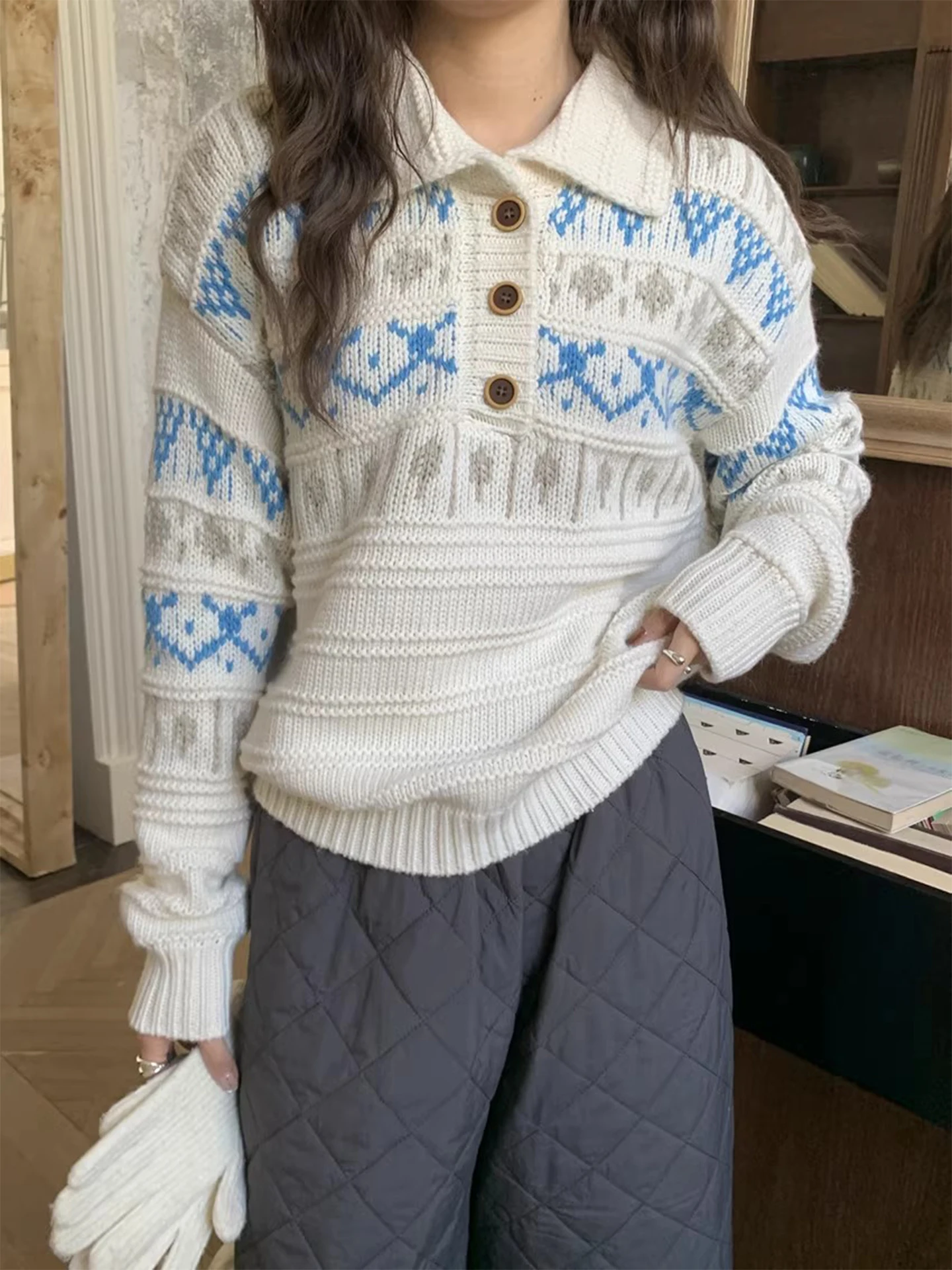

Retro Collar Thiened Knitted Sweater Women's Winter Loose Fit Versatile Fair Isle Motif Warm Long Sve Top