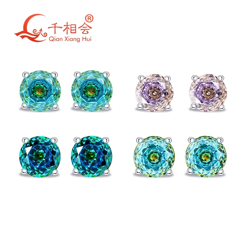 6mm sky blue purple eye's stone one-time forming mixed special color  earrings round shape with S925 silver  jewelry