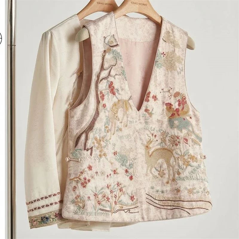 

Women Coat Fashion Spring and Summer Round Collar Sleeveless Loose Waistcoat Embroidery Vest Coat Joker Women Cardigan Jacket