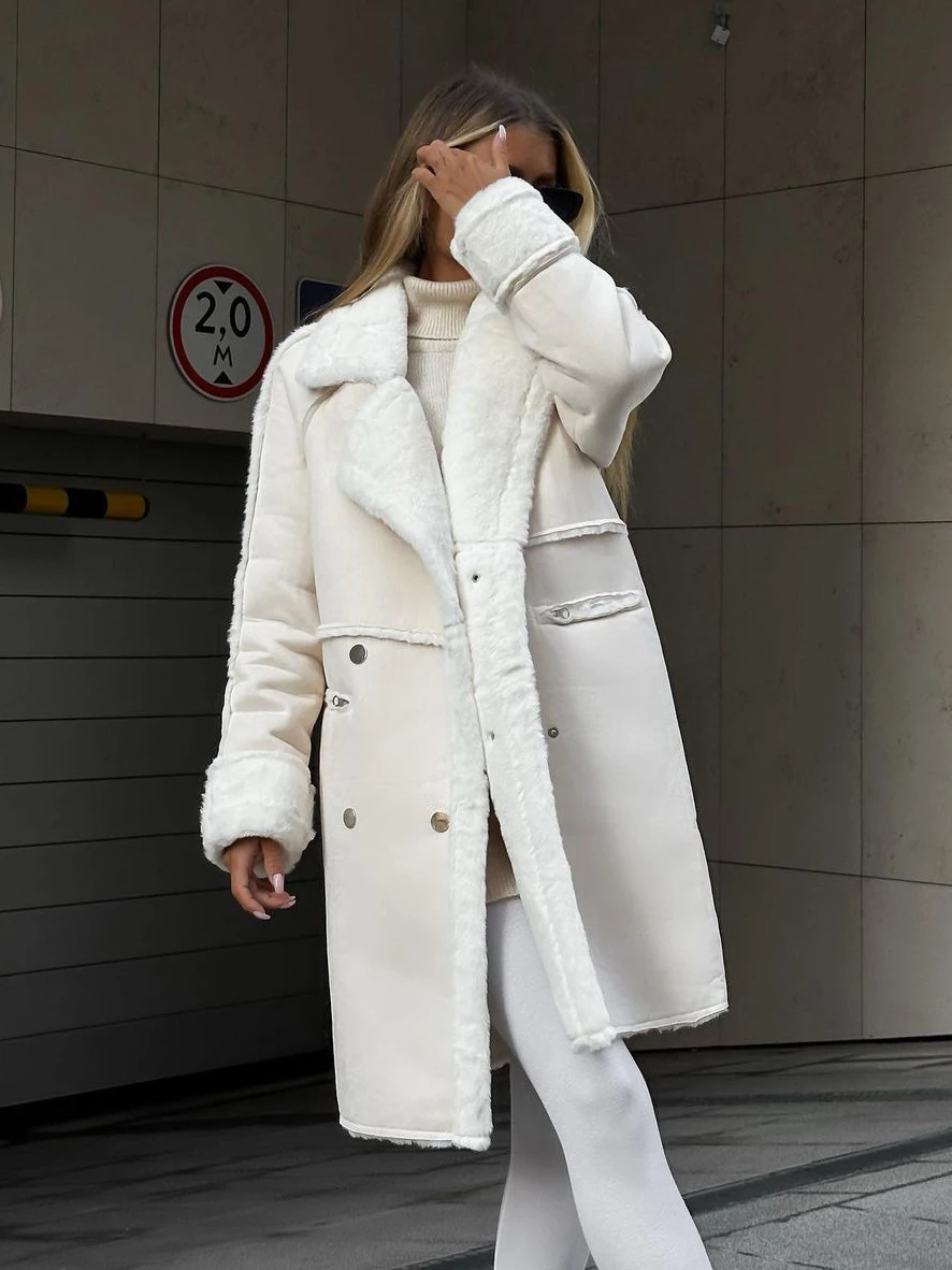 Women\'s Coat Suit Collar Long Double Breasted Long Sleeved Plush Jacket Autumn Winter Loose Warm Vintage Female Clothing