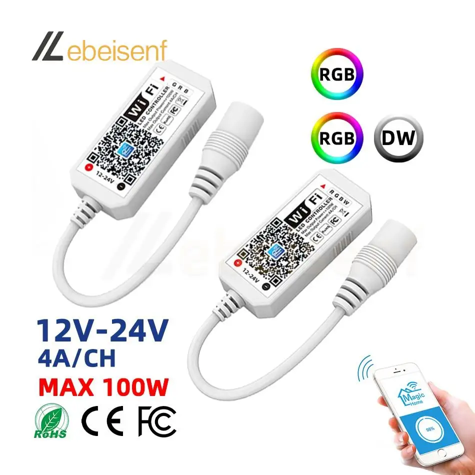 RGB RGBW Kontroler WiFi DC 12V 24V Bezprzewodowa aplikacja do smartfona Sterowanie przyciemnianiem Kolorowe paski LED Rozrząd głosowy Ściemniacz muzyczny