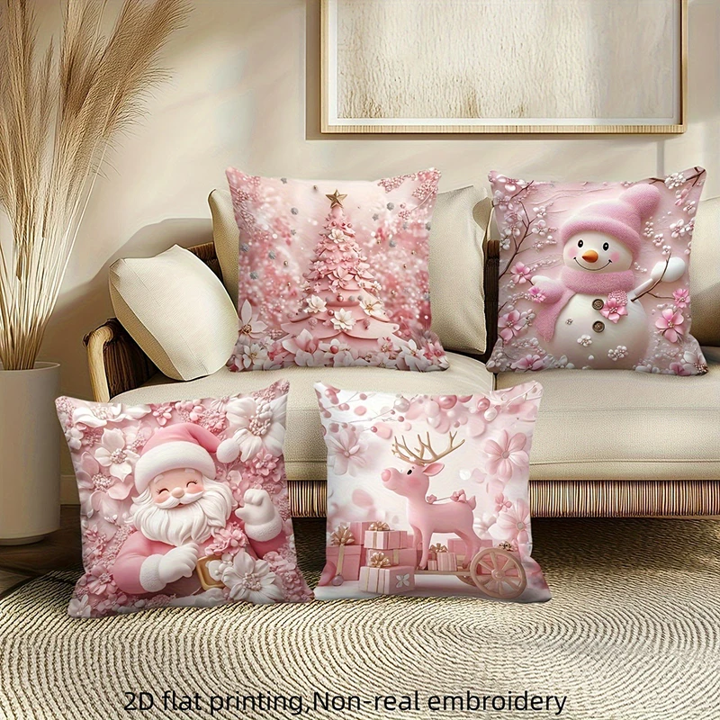 Pink Christmas Throw Pillow Covers, Santa Snowman Deer Print Cushion Cases for Festive Home Decor