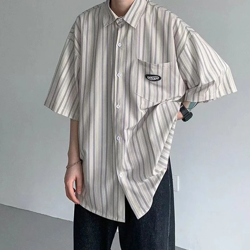 Summer Loose Casual Turn-down Collar Shirt Man Striped Single Breasted Pocket High Street Out Streetwear Male Temperament Tops