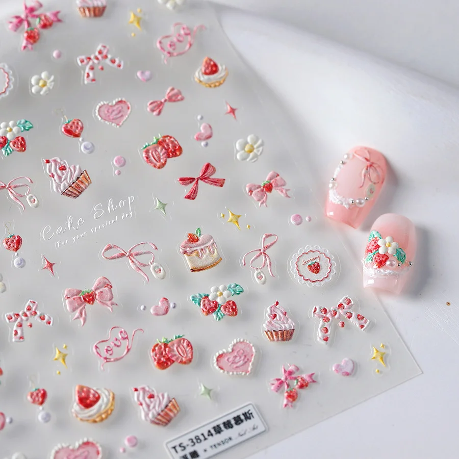 Bowknot 5D Embossed Reliefs Self Adhesive Nail Art Stickers Cute Manicure Decals Lovely Strawberry Muffin Cream Cake Ice Cream