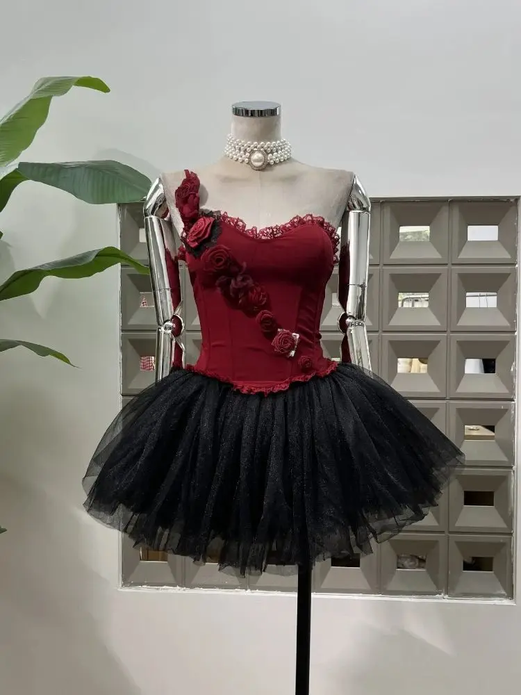 

New Design 2025 Women Sexy Single Shoulder Flower Top Mini Skirt Suits Nightclub Party 2 Pieces Dress Celebrate Birthday Outfit