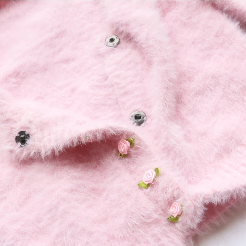 Sweet Pink Sexy Cardigan Women Fuzzy Round Neck Appliques Cropped Sweaters 2024 Autumn New Flower Buttons Female Short Jumpers