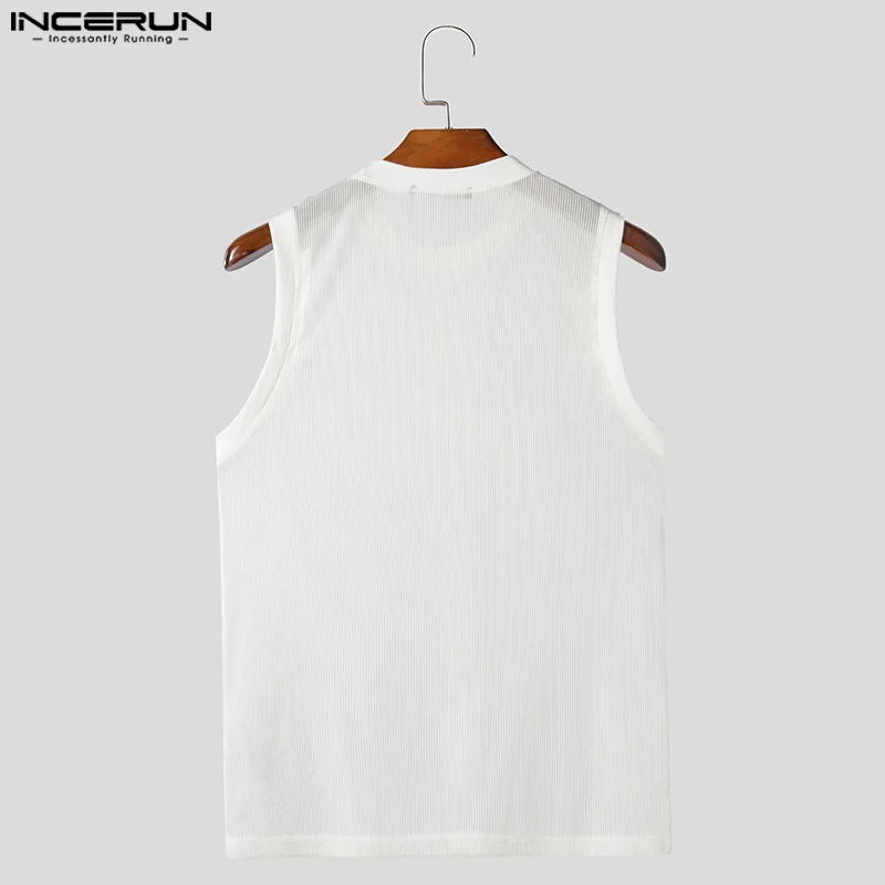 2024 Men Tank Tops Mesh Transparent Solid Color O-neck Sleeveless Summer Male Vests Sexy Streetwear Fashion Men Clothing INCERUN