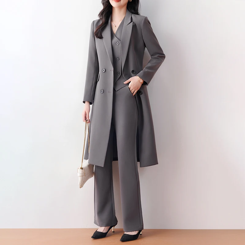 High Quality 2023 Autumn Winter Formal Ladies Lengthen Blazer Women Business Suits Work Wear Office Uniform  Pants Jacket Sets