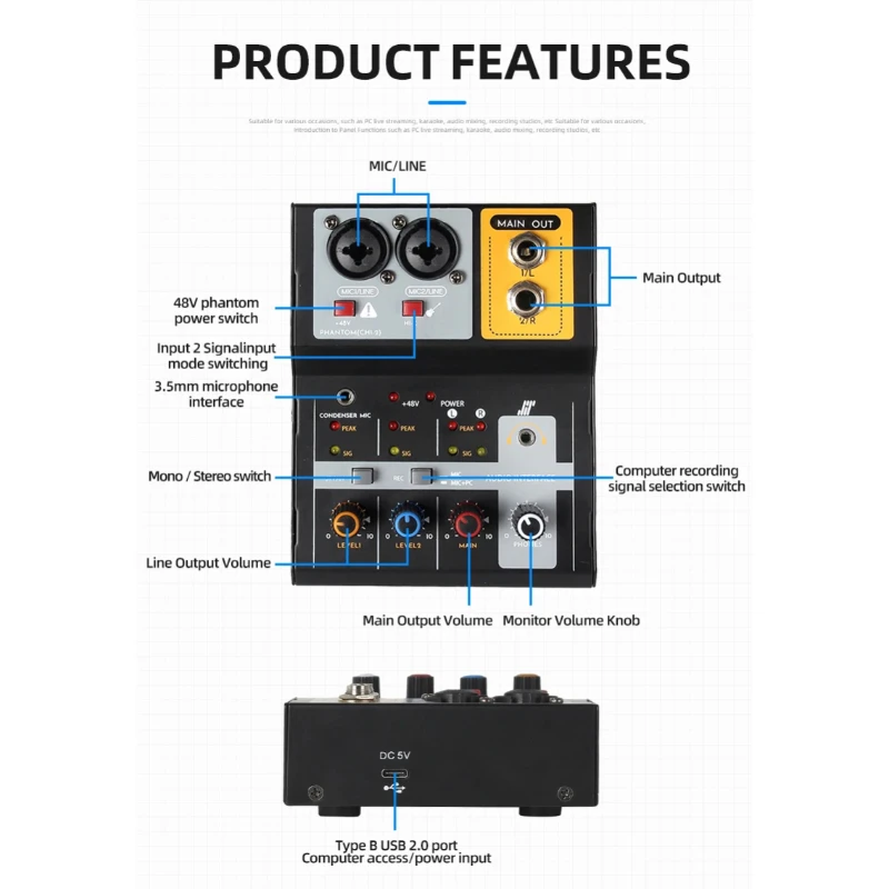 Mini 2-kanaals audiomixer PC voor het opnemen van audioapparatuur live-uitzending professionele opnamemixers mini-mengpaneel