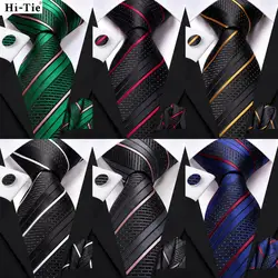 Hi-Tie Striped Navy Blue Mens Fashion Necktie Handkerchief Cufflinks for Tuxedo Accessory Classic Silk Luxury Tie for Man Gift