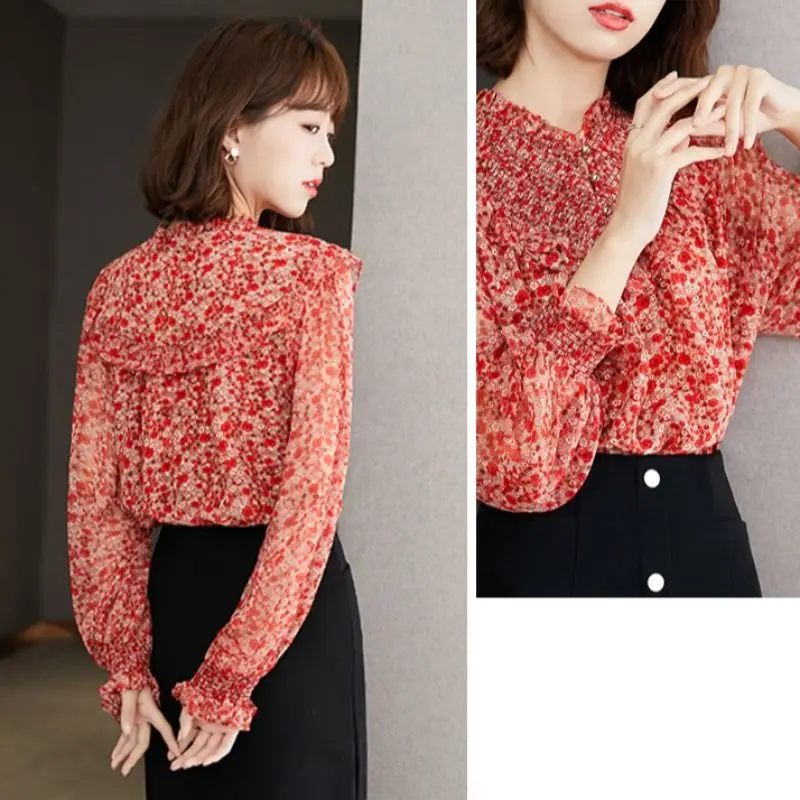 Temperament Spring Pullover Women\'s V-Neck Print Ruffles Button Lantern Sleeve Fashion Office Lady VersatileChiffon Shirt Tops