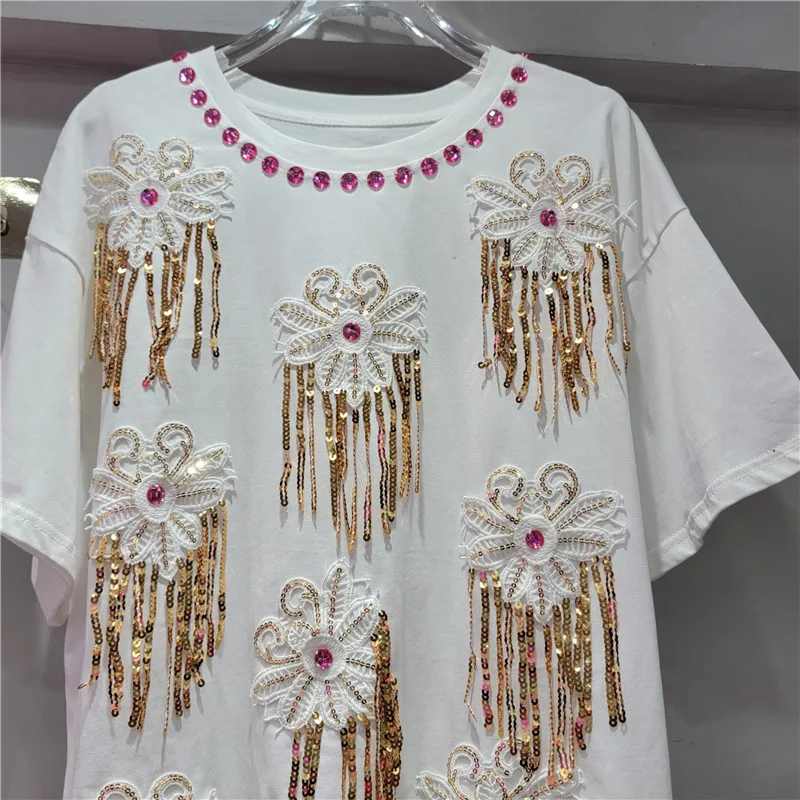 Heavy Industry Rhinestone Flower Sequined Tassel T-shirt Women 2024 Summer Mid-Length Loose Casual Round Neck Chic White Top