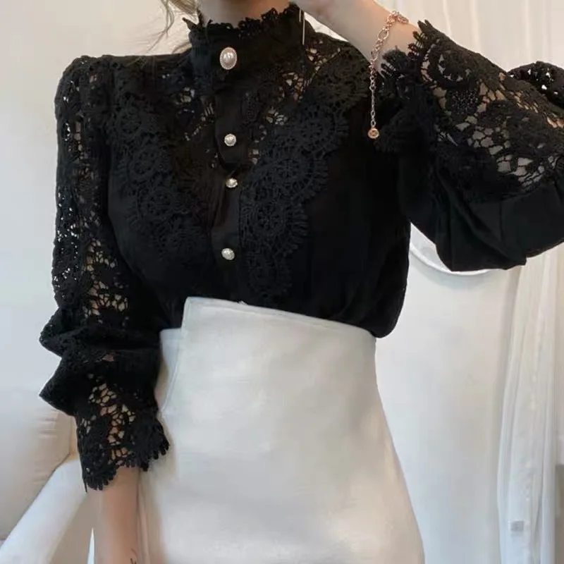 Vintage Solid White Lace Blouse Shirts Women New Korean Button Loose Shirt Tops Female Hollow Casual Ladies Blouses Blusas Tops