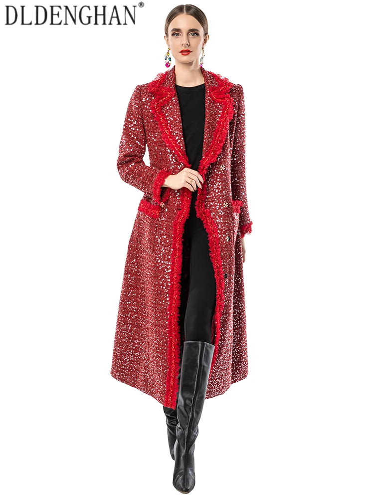 

DLDENGHAN Women's Sequins Tweed Jacket Turn-Down Collar Double Breasted Long Sleeve High Street Fashion Outerwear for Winter