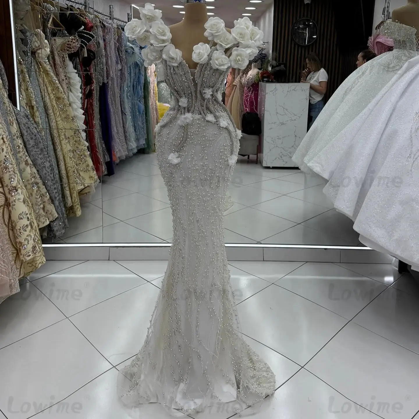 

Robes De Soiree 2025 Floral Prom Dress Customized V Neck Mermaid Wedding Party Dresses Full Pearl Beads Long Arabic Evening Gown