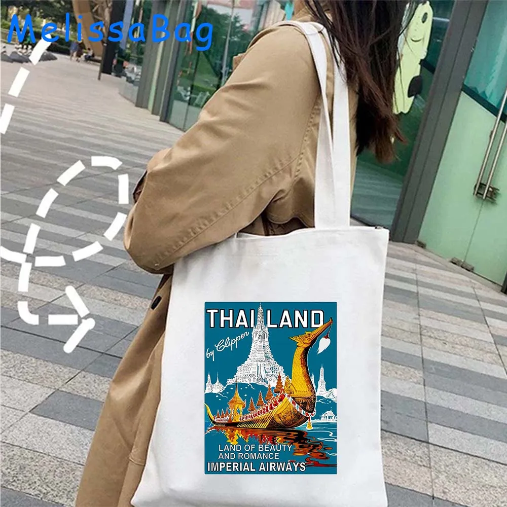 BANGKOK PHUKET Thailand Flag GRAPHIC Wat Arun Temple of Dawn Gift Women Canvas Shoulder Tote Bag Harajuku Shopper Cotton Handbag