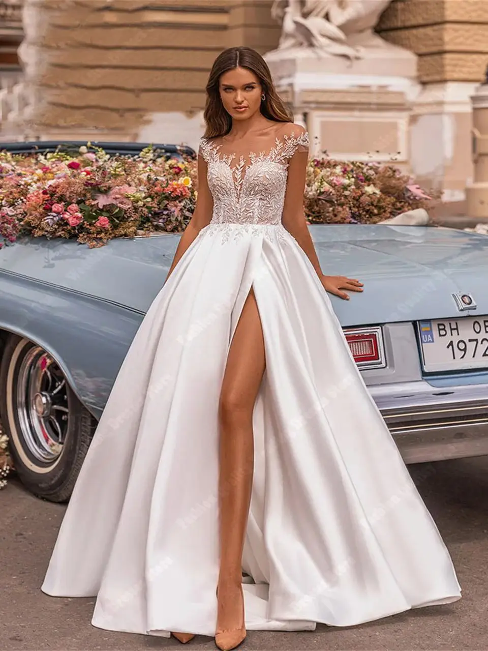 Modern Fashion A-Line Satin Wedding Dresses Quality Shining Fabric Bridal Robes For Women Sexy High Split Mopping Length Vestido