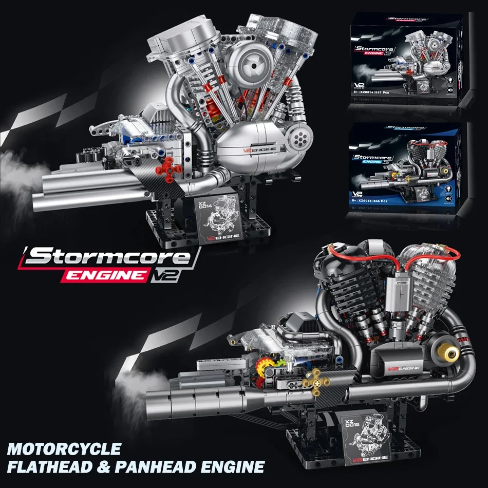 

Electric Motorcycle Flathead Panhead Double Cylinder V2 Engine Building Blocks Motor Sprayer Car Parts Bricks Toy for Kids Gift