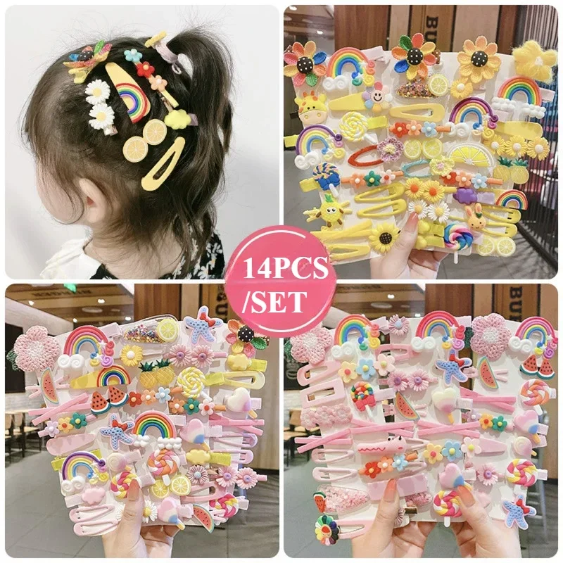 Girls 14-piece Hairpin Cute Edge Clips Cartoon Hairpin Cartoon Flower Fruit Rainbow Animal Candy Cloud Hairpins Party Favors