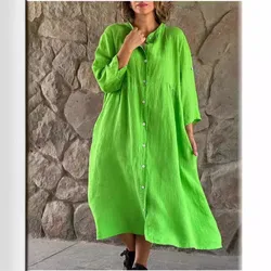 Cotton And Linen Green Casual Standing Collar Button Long Dress 2024 Women's Fashionable Spring And Summer Loose Pocket Dresses