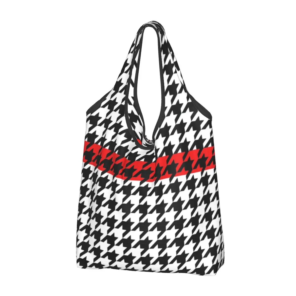 

Fashion Modern Houndstooth With Red Stripe Shopping Tote Bag Portable Dogstooth Groceries Shopper Shoulder Bag