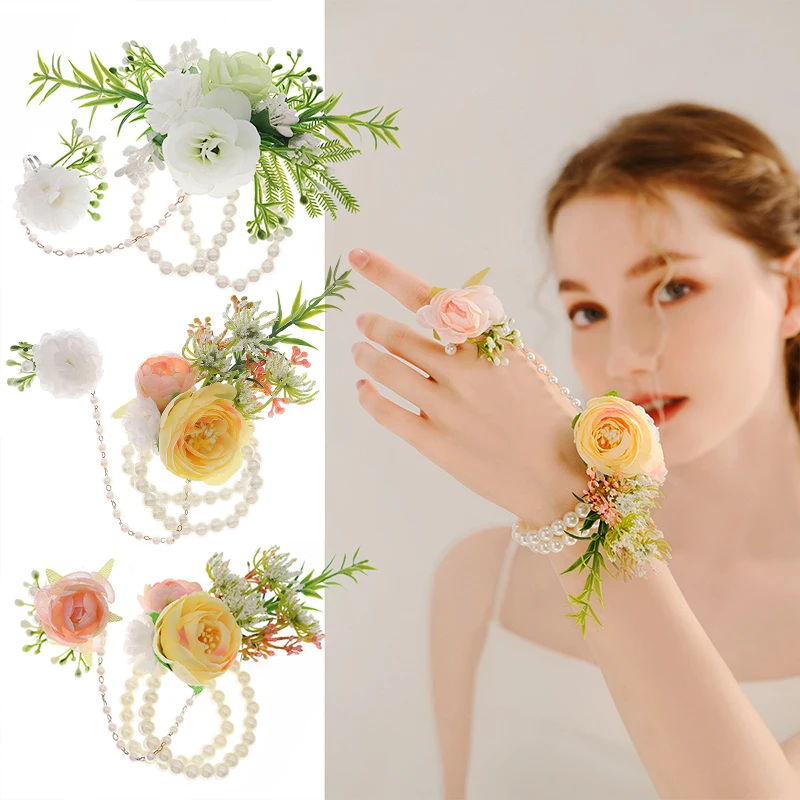 Künstliche Blume Perle Hand Handgelenk Blume Corsage Brautjungfer Hochzeits feier Armband Dekor romantische Accessoires