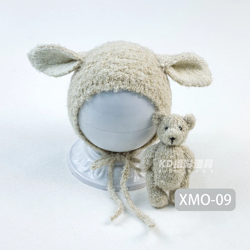Cappello lavorato a maglia neonato + bambola orsacchiotto 2 pezzi / set Puntelli per fotografia Orsacchiotto fatto a mano lavorato a maglia Stuffer per bambini Giocattolo animale Studio fotografico Prop