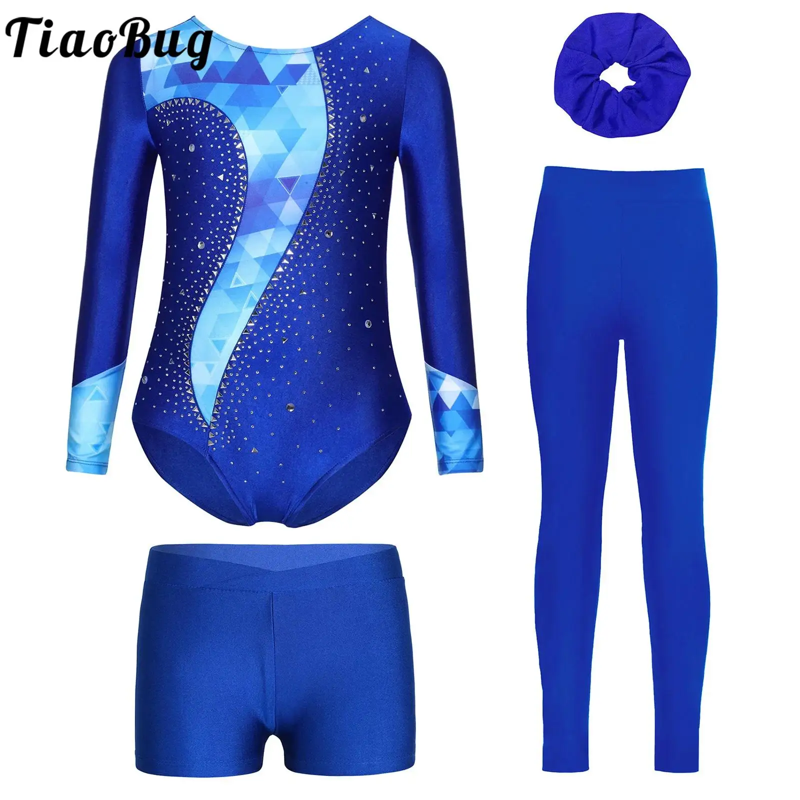 

Kids Girls Dance Figure Skating Sport Outfits Long Sleeve Leotards with Shorts Leggings and Hair Tie for Gymnastics Performance