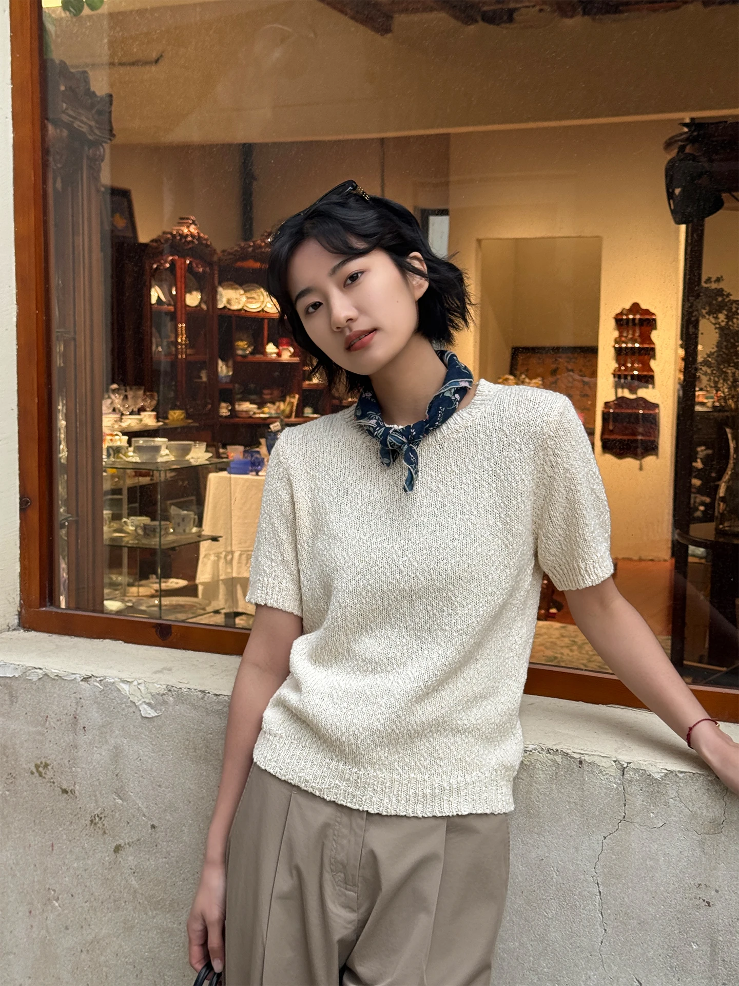 

Soft Pure Cotton Knitted Shirt Women's round Neck Short Sleeve Fashionable Spring New Style Simple Comfortable Casualwear