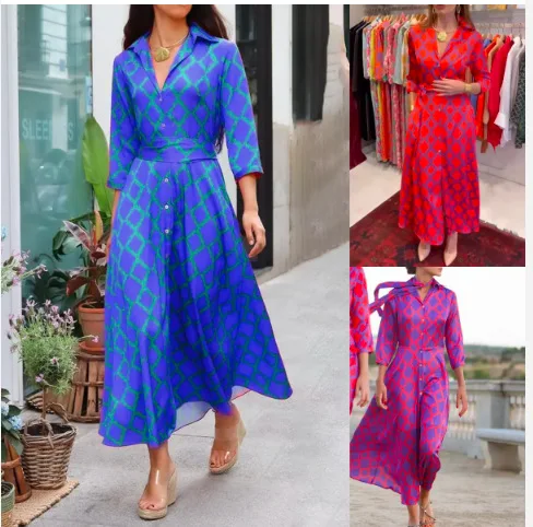 

Women 2024 Summer Bohemian Midi Dress Elegant Plaid Check Printed Robe Fashion Casual Holiday A Line Long Dress