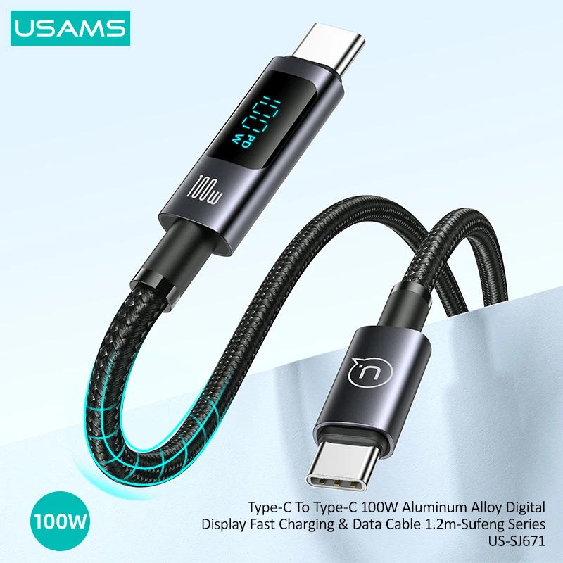 USB-кабель USAMS с разъемом USB Type-C и светодиодным дисплеем, 100 Вт, 1,2 м