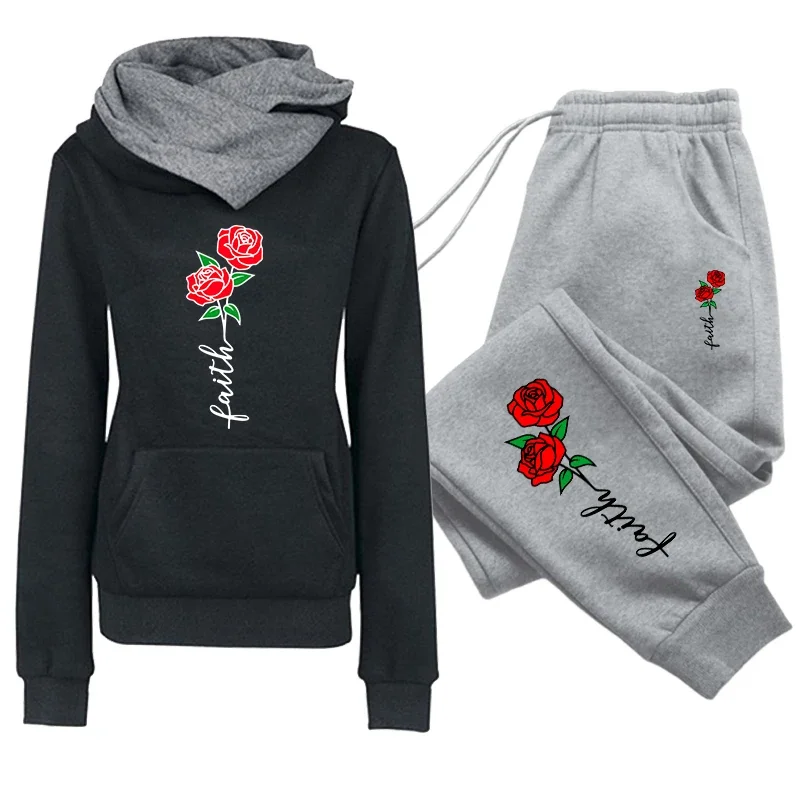 Women's Set/Hoodie/Pants Faith Flower Print Tracksuit Hooded Sweatshirt Sweatpants Fall Winter Female Daily Casual Sports Outfit