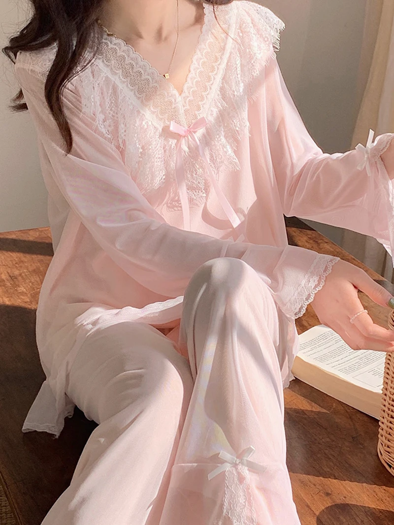 Korean Lolita Lace Mesh Pajamas Loungewear Women Long Sleeve Vintage Princess Retro Sexy Two Piece Suit Sexy Victorian Sleepwear