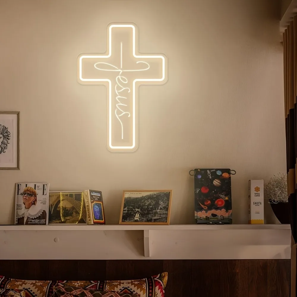 Jesus Cross Neon Sign, LED Light Suitable for Wall-Mounted Decor, for Bedroom/Wedding/Living Room/Housewarming/Wedding Ornaments