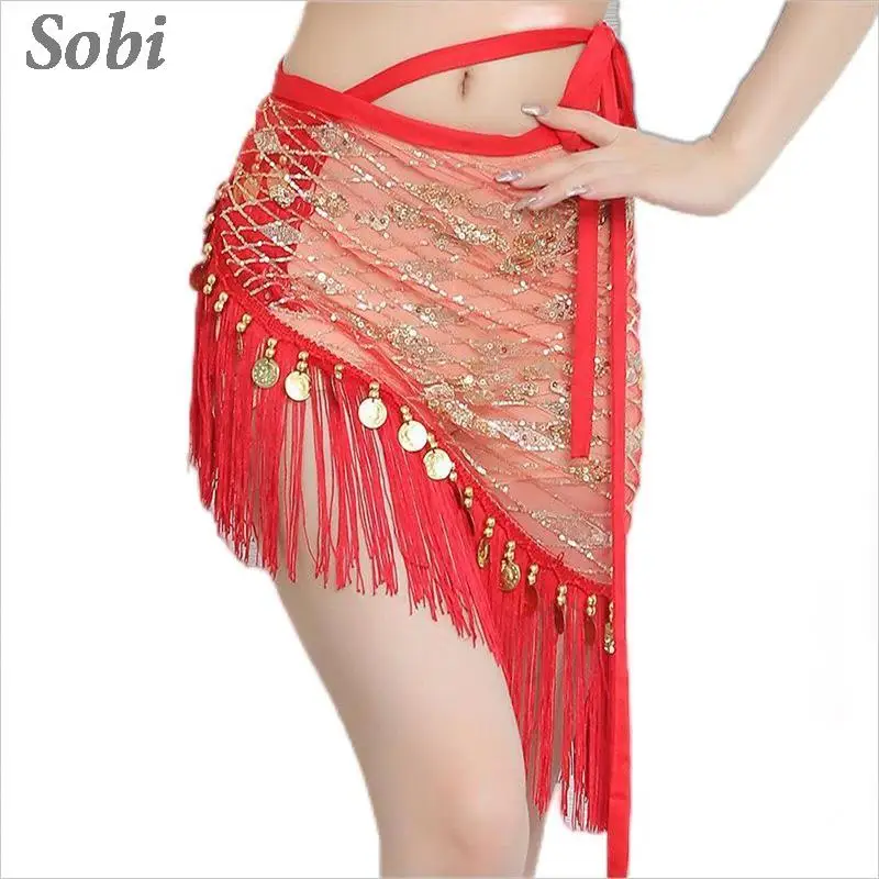 Womens Tassel Belly Dance Hip Scarf Adjustable Sequins Wrap Belt Female Glitter Fringe Triangle Dance Skirt Belt Waist Chain