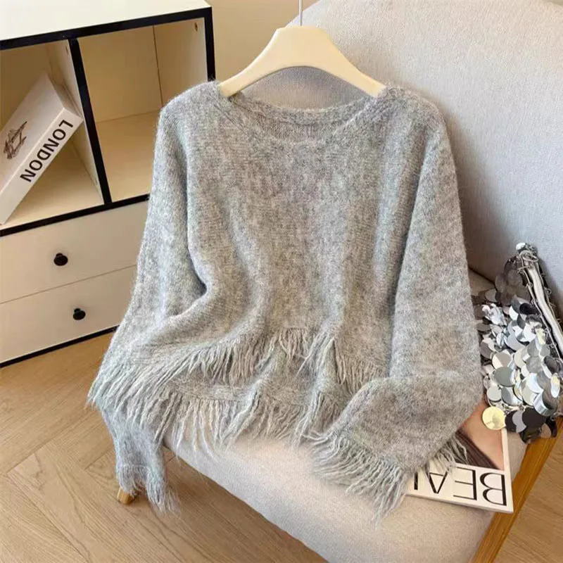 

Women Tassel Round Neck Sweater New Style Korean Design Soft Autumn Winter New Casual Versatile Solid Color Short Knitted Top