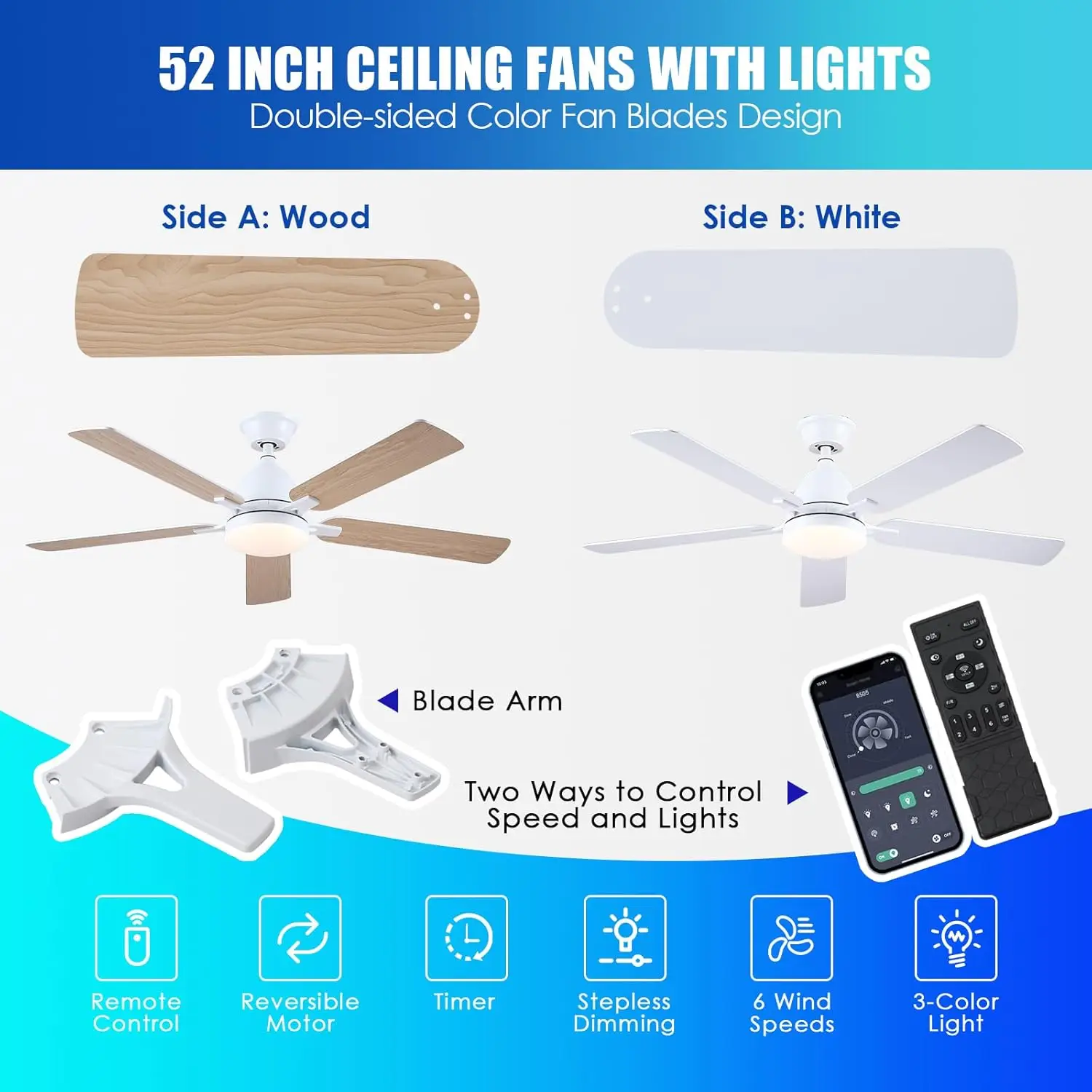 Ceiling Fan With Light-52 Low Profile Ceiling Fans-Flush Mount Ceiling Fan And Remote App Control, Reversible,