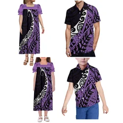 Custom Hawaiian Men'S Shirt Boy'S Top And Mumu Women'S Dress Purple Couple Suit Polynesian Tribe Design Print Family Suit