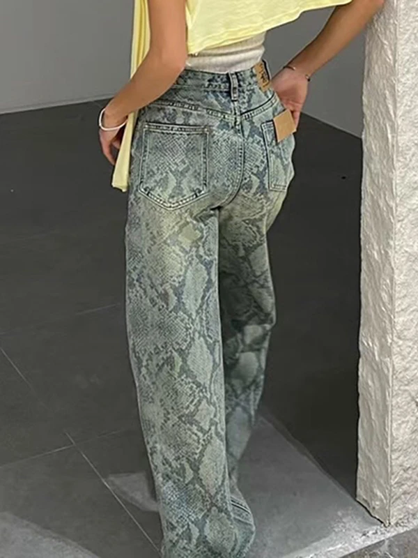 

Romore High Street Lazy Snake Print Свободные широкие брюки Винтажные джинсовые длинные брюки с завышенной талией Женские свободные прямые брюки...