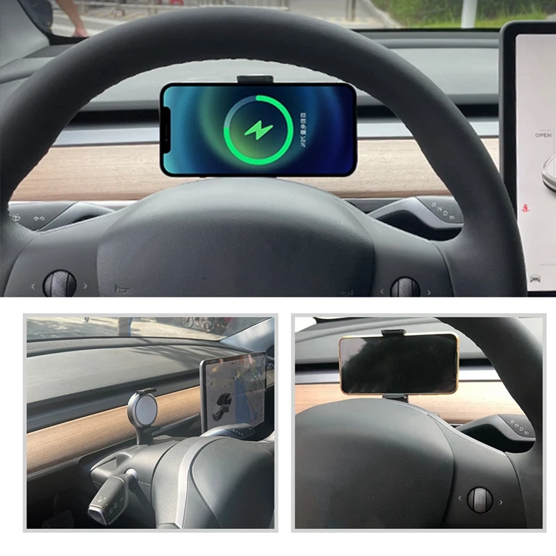 For Tesla Model 3 Y Car 15W Steering Wheel Wireless Charger Phone Panel Fast Wireless Charging Pad Phone Holder Bracket