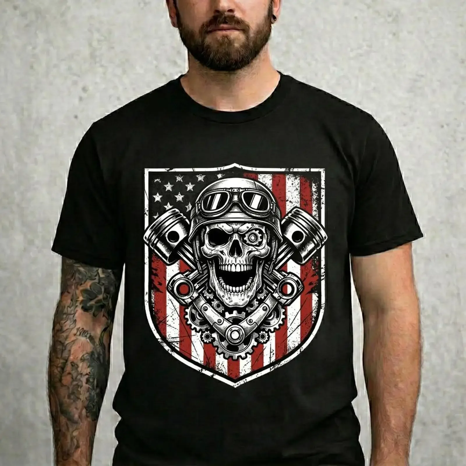 Outlaw Biker Skull PNG Motocicleta Vintage Bandera Americana Clipart Descarga Digital Vintage Lavado Casual Transpirable Hombre Suave