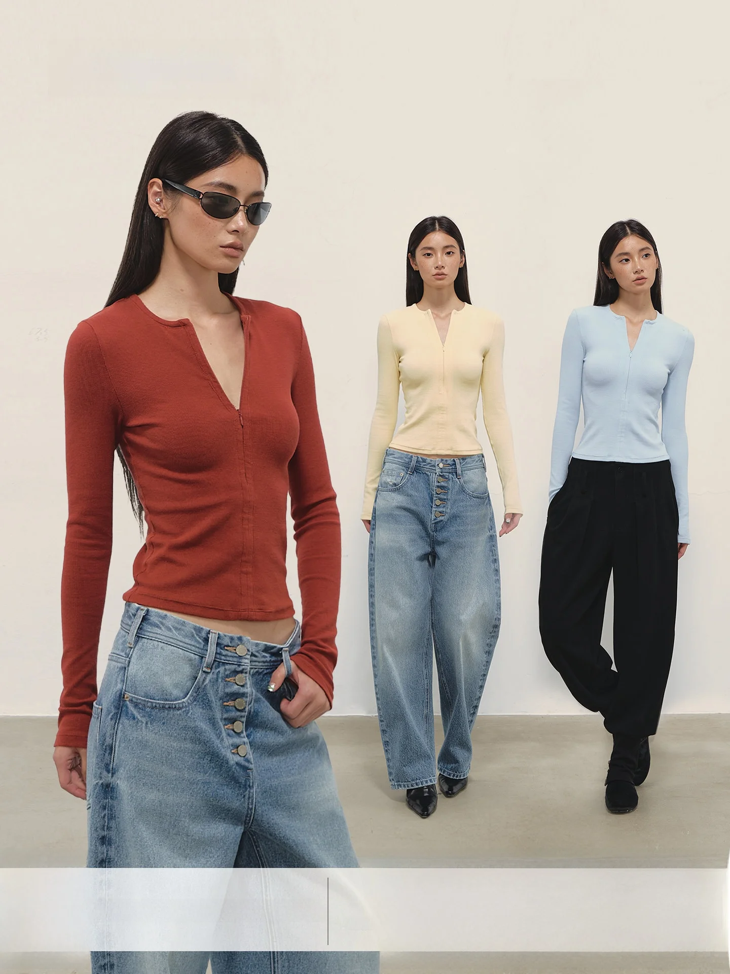 

Gowirel Slim Fit Long Sve T-irt Ribbed Zipper Spor Feel Color Cotton Blend Comfortable Breathable Casual Wear