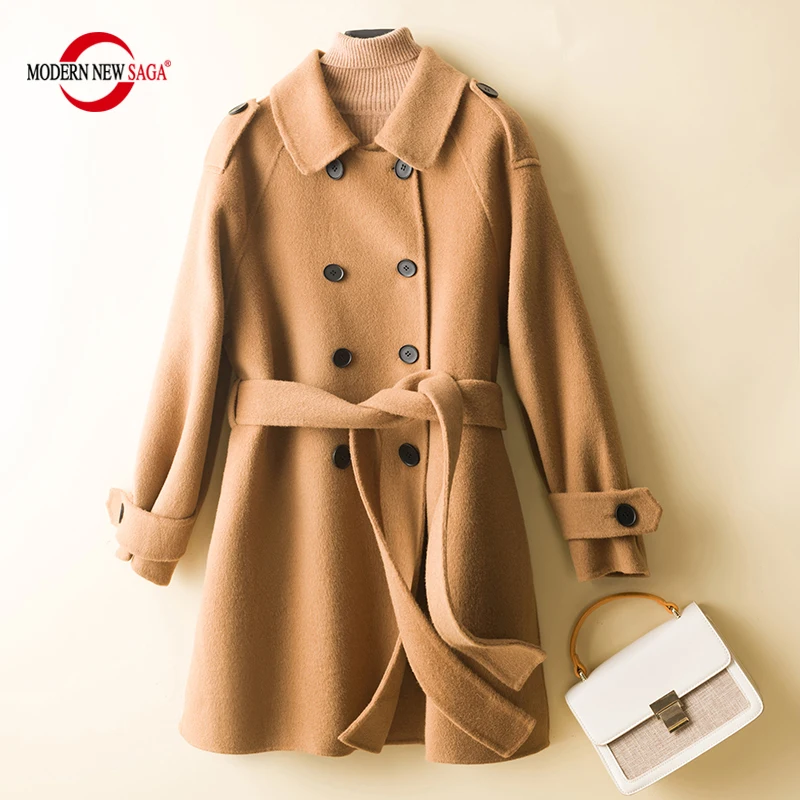 

MODERN NEW SAGA Women Wool Coat 100% Merino Wool Autumn Wool Overcoat Winter Cashmere Long Jackets Female Double Breasted Belt