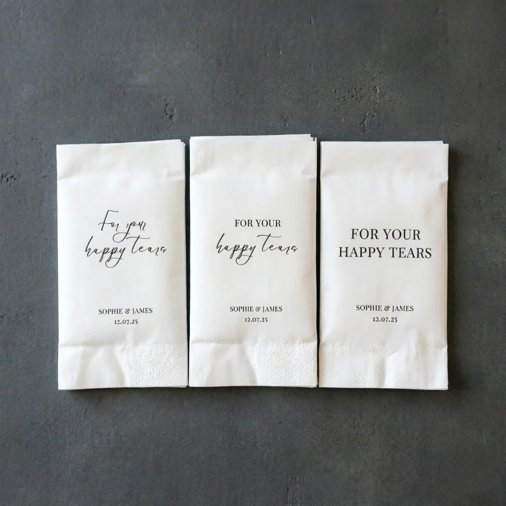 Bulk "Happy Tears" Wedding Tissues - Personalized Pocket Tissue Packs with Custom Wrappers - Modern Guest Favors & Welcome Bag G