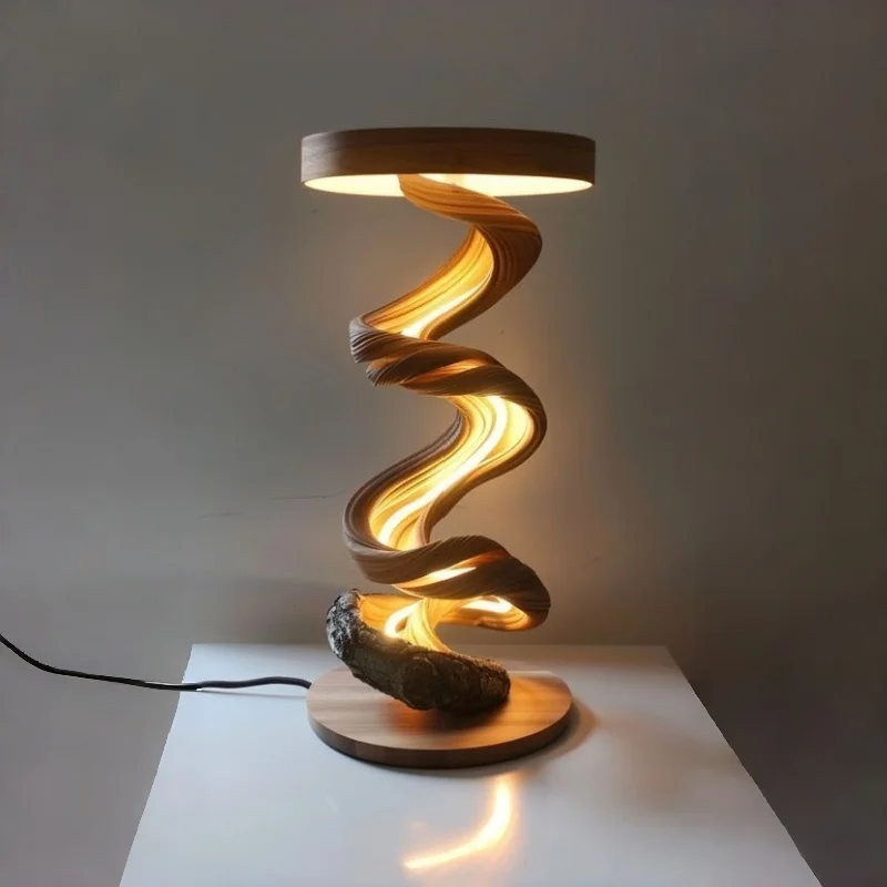 

！@Handmade Engraved Wood Craft Spiral Lamp with Curved Grain and Natural Driftwood Base Modern Design H60cm Table Lighting